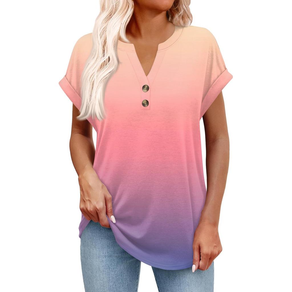 Women's Fashionable Casual Short-sleeved V-neck Button Printed Pullover Top