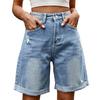 Summer Women Denim Shorts Mid Waisted Knee Length Stretchy Casual Wide Straight Leg Distressed Cuffed Jeans Short Pants with Pockets
