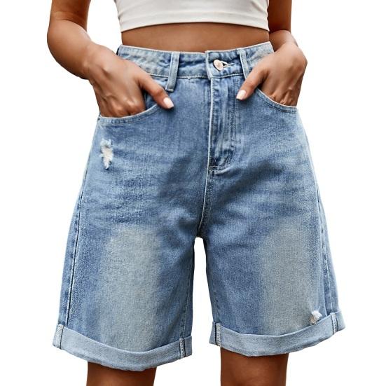 Summer Women Denim Shorts Mid Waisted Knee Length Stretchy Casual Wide Straight Leg Distressed Cuffed Jeans Short Pants with Pockets