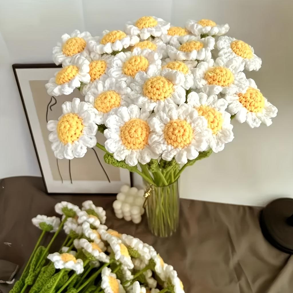 5 Pcs Hand Crocheted Artificial Sunflower Daisy Bouquet, Knitted Fake Flowers For Wedding Mother's Day Home Office Decoration Without Vase