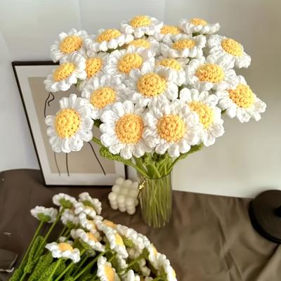 5 Stück Handgehäkeltes Künstliches Sonnenblumen Gänseblümchen Strauß, Gestrickte Künstliche Blumen Für Hochzeit Muttertag Haus Büro Dekoration Ohne Vase