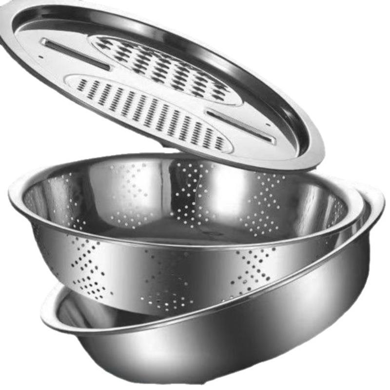 

3 in 1 Stainless Steel Grater and Colander Multi Function Vegetable Slicer Shredder for Potato Carrot Kitchen Washing Bowl 1Set срібний