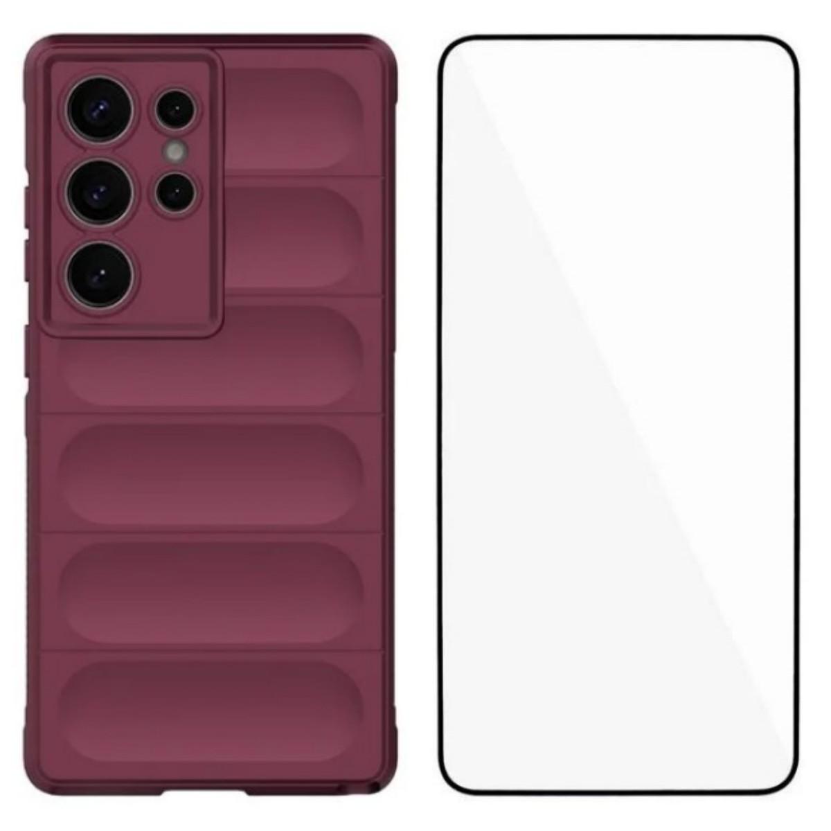 

Для Samsung Galaxy S25 Ultra TPU Чехол WANLONFENG Серия HD Противоскользящий Чехол для Телефона с Закаленным Стеклом Wine Red