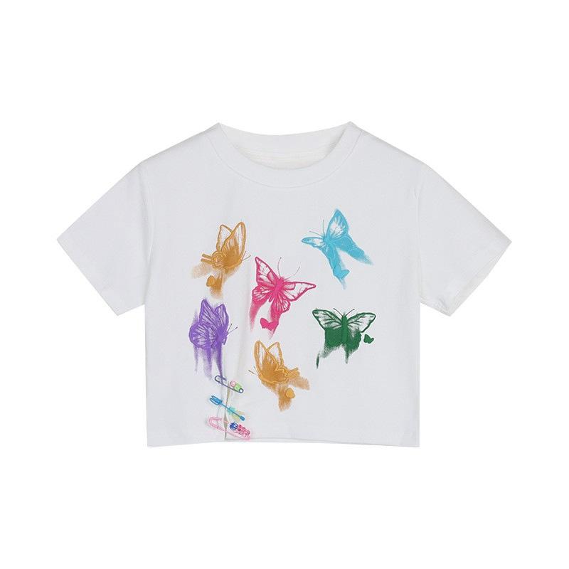 Summer new dopamine butterfly print short Spice Girl top design sense niche age-reducing short-sleeved T-shirt