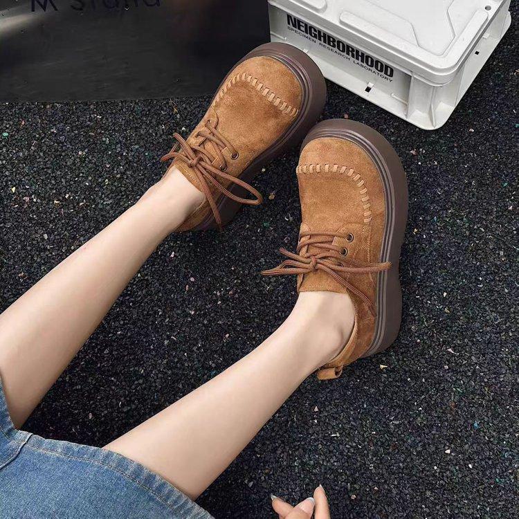 Muffin Platform Loafers Women's Autumn 2025 New Versatile Lace-up Retro Small Man Height-increasing Single Shoes Women