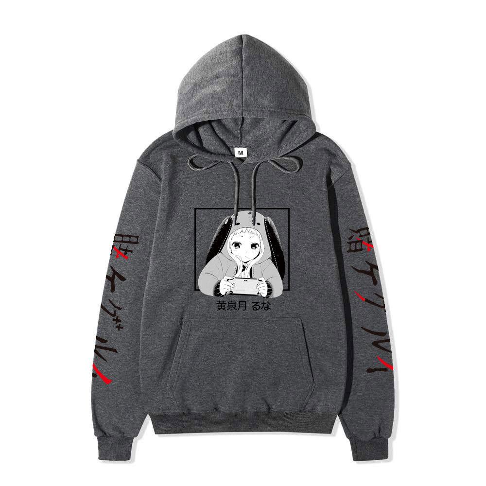 Kakegurui Runa Yomozuki Hoodie Unisex Fleece Sweatshirt Black White Anime Portrait Japanese Text Sleeve Autumn Winter Pullover