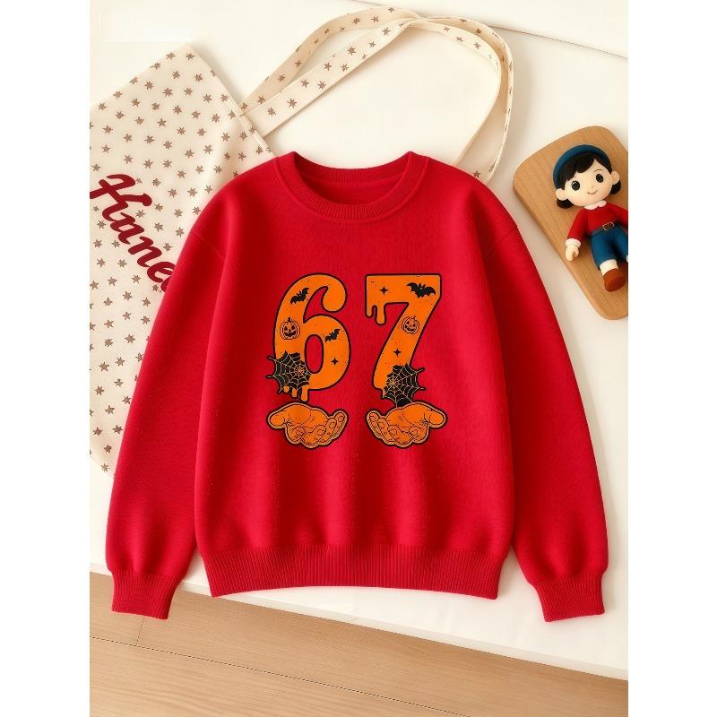 Kids Unisex Crewneck Sweatshirt, Halloween Pumpkin Bat Spider Web Hand Orange Dripping 67 Print Pullover, Sweatshirt for Boys Girls Over 4 Years Old