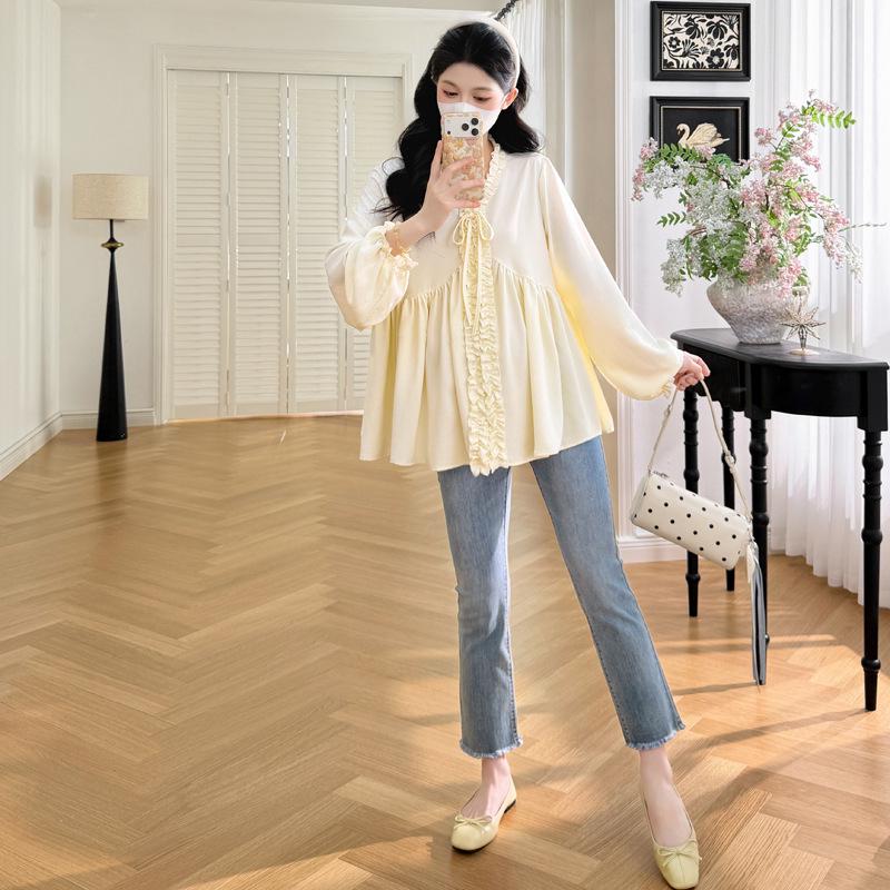 2026 Spring V-neck Lace-up Maternity Doll Shirt 2XL