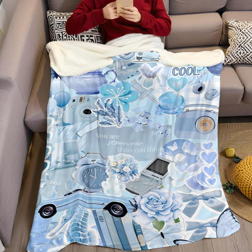 Blue Aesthetic Collage Flannel Blanket Warm Soft Halloween Christmas Couch Warm Cozy Decorative Decor Gift for All Season