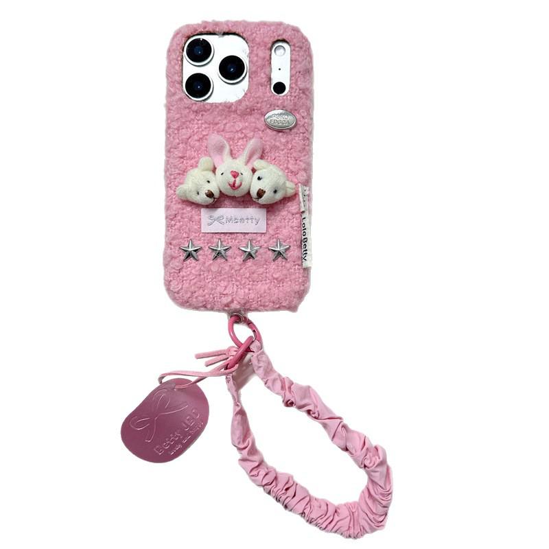 Lambswool Plush Bear and Rabbit Head Case for iPhone 17/16 Pro Max/15/14