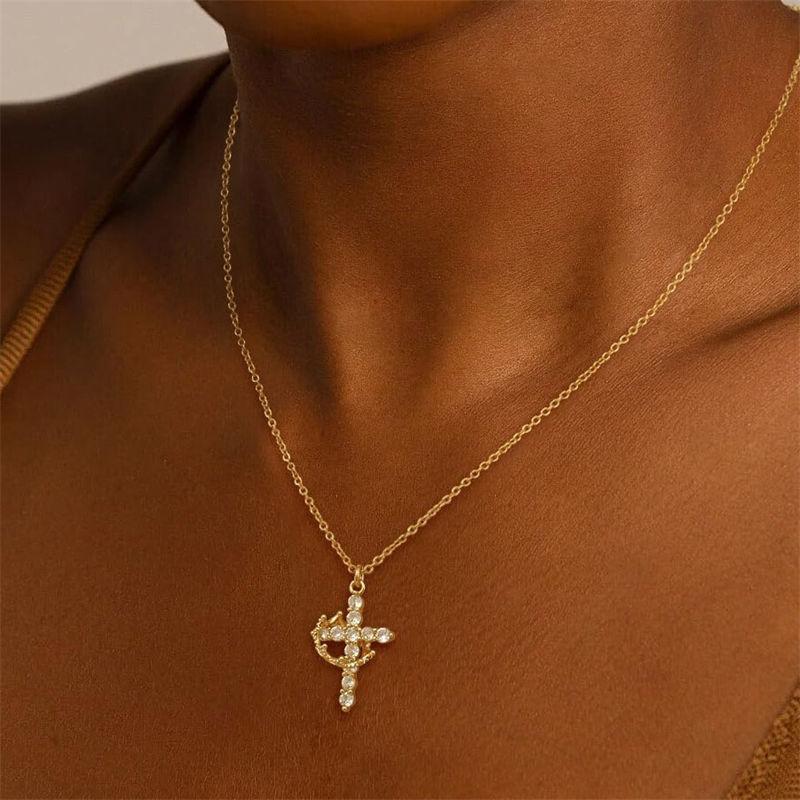 14k Gold Plated Cross Necklace for Women Zircon Crown Cross Pendant Necklaces