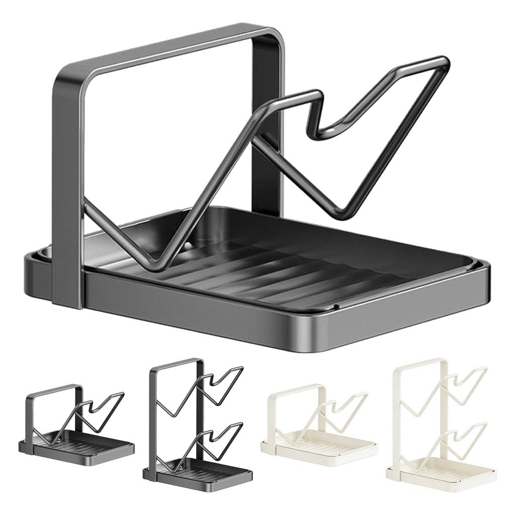 Multifunctional Kitchen Pot Lid Storage Rack While Cooking Utensils Pan Pot Cover Lid Rack Shelf with Drip Tray for Counter