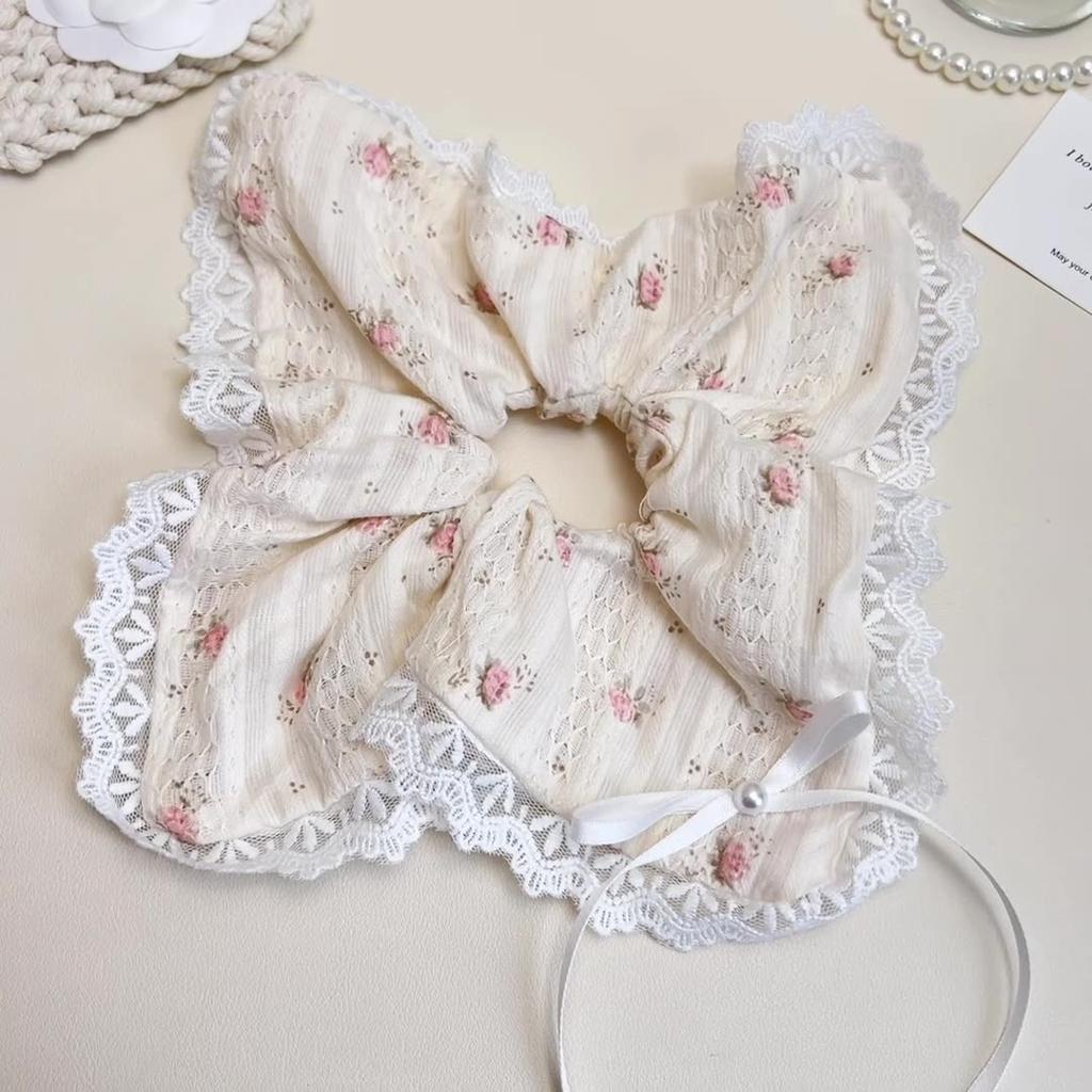 Early Spring Korean Design Handmade Lace Pleated Lace Hair Ring Double Layer Large Intestinal Ring Hair Accessories For Women