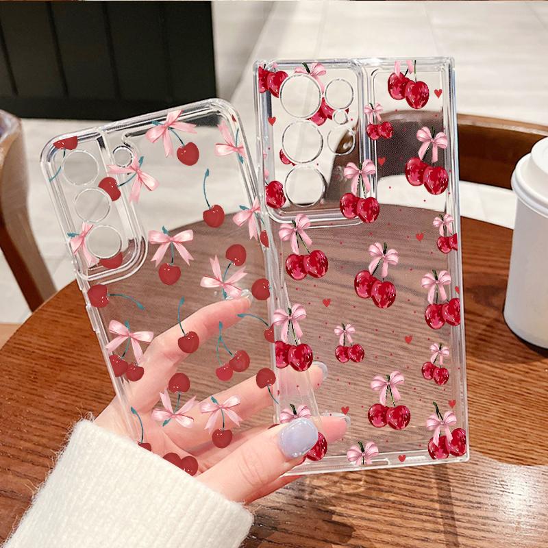 Cherry Bowknots Case For Samsung A57 S26 Ultra A37 A17 A56 A36 A26 A16 A55 A35 A25 A15 A54 5G S21 FE S22 S23 S24 S25 Plus Clear TPU Soft Cover