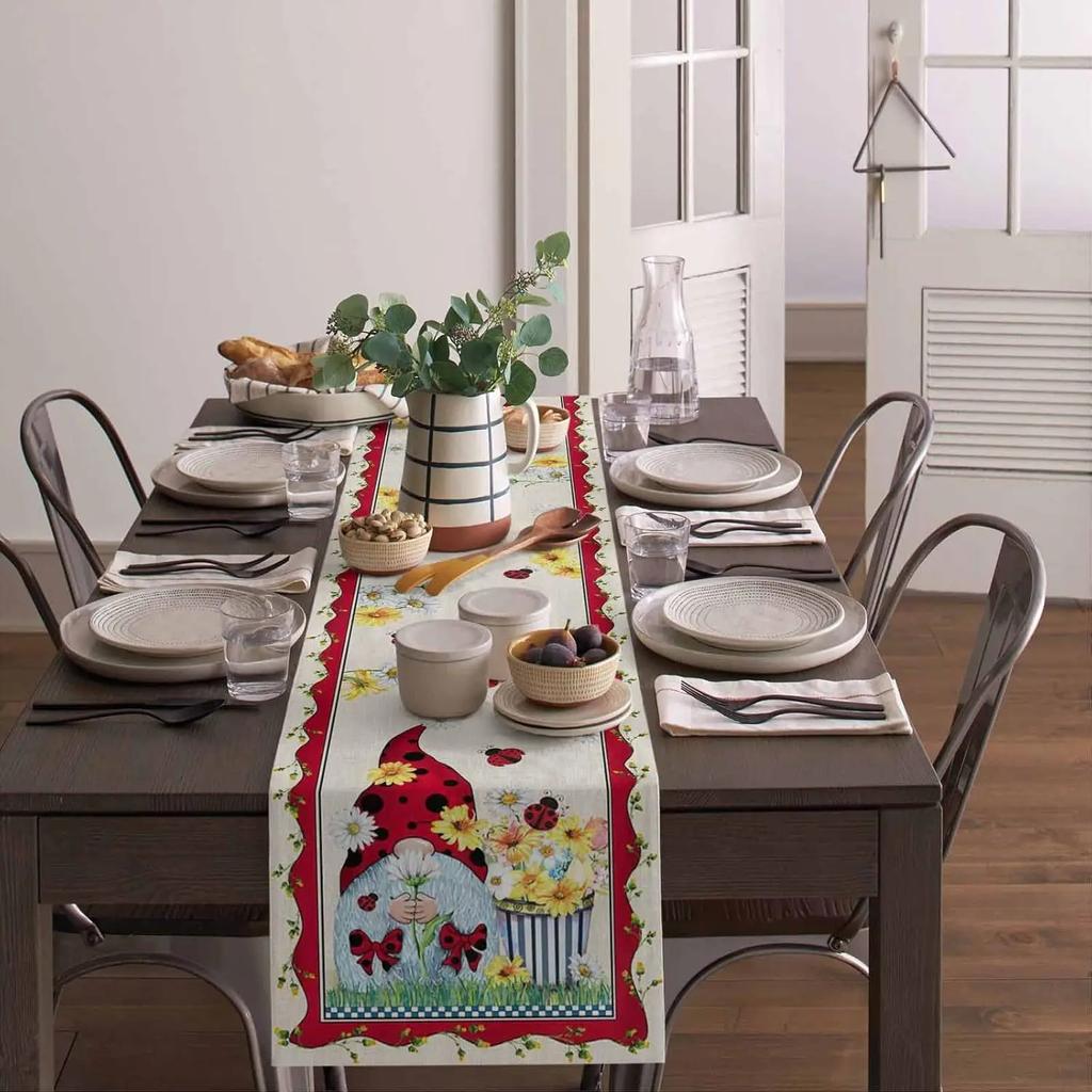 Spring Gnome Ladybird Flowers Linen Table Runner Dresser Scarves Table Decor Farmhouse Kitchen Dining Table Runner Party Decor