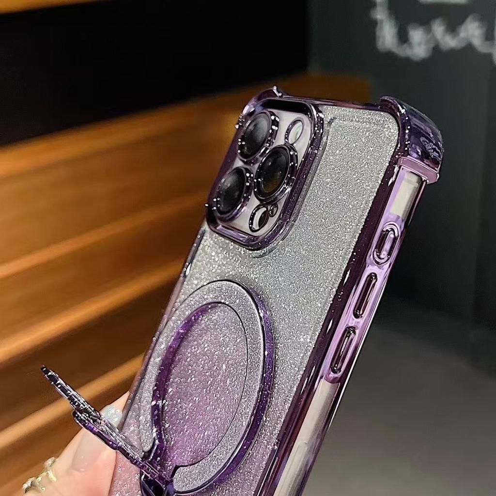 Luxusní magnetický držák ve tvaru motýla s glitry, stojánek, pouzdro na telefon pro iPhone 17 11 13 14 12 15 16 Pro Max Plus 17 Air, měkký kryt s pokovením