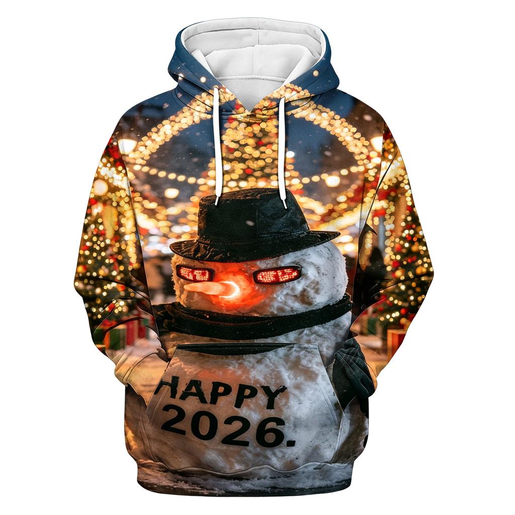Men's Long Sleeve Hooded Sweatshirt with Christmas Print for Holiday Casual Wear