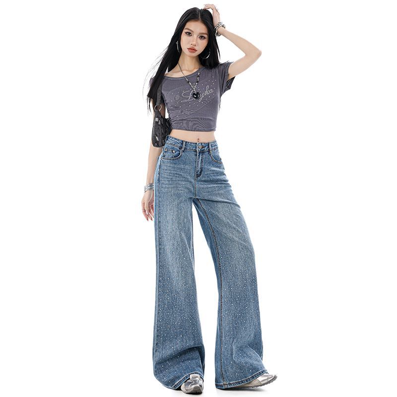 Spring Summer High Waist Stretch Rhinestone Minimal Slim Floor Wide Leg Denim Pants For Women Casual Pants Oversize Denim Trousers