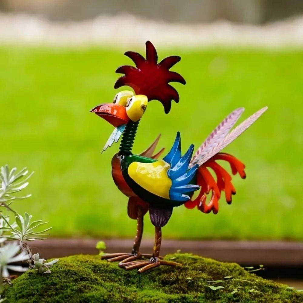 Yard Art Garden Rooster Statues Iron Cockerel Figurines Creative Chicken Sculpture  Lawn