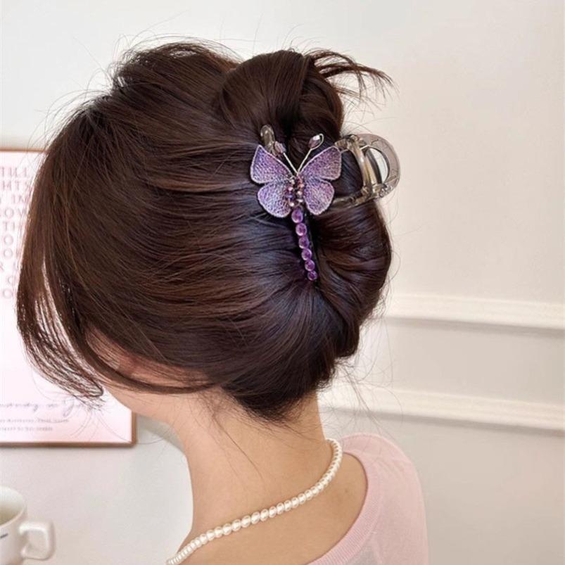 1PC Elegant Fringed Grab Clip, Temperament Hair Accessories, Butterfly-shaped Imitation Rhinestone Half-tie Grab Clip