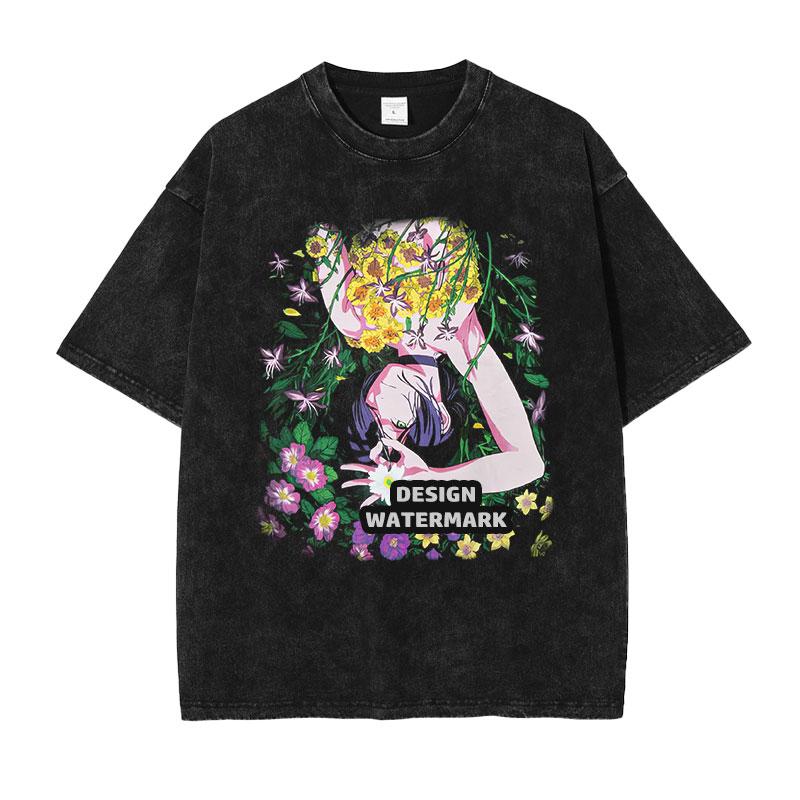 T-shirt in Cotone Lavato Chainsaw Man, Maglietta Casual a Maniche Corte Stampata Anime, Top alla Moda Streetwear per Uomo Donna Teenager Abbigliamento Quotidiano
