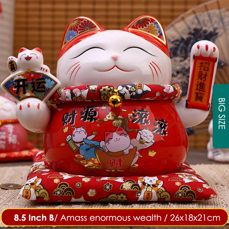 6.5/8.5 Inch Ceramic Beckoning Cat Maneki Neko Ornament Swing Lucky Fortune Cat Feng Shui Decoration Centerpiece Business Gift