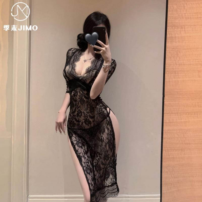 Sexy underwear, sexy low-cut perspective lace, high split fork, slim fit, empty lace woman