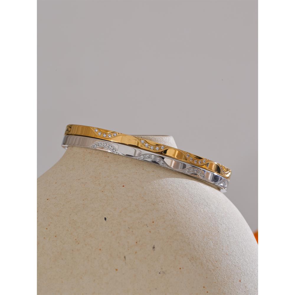 Yhpup 61mm Stainless Steel Inlaid Zircon Round Bracelet Bangle Waterproof Polished Trending Jewelry Wholesale New