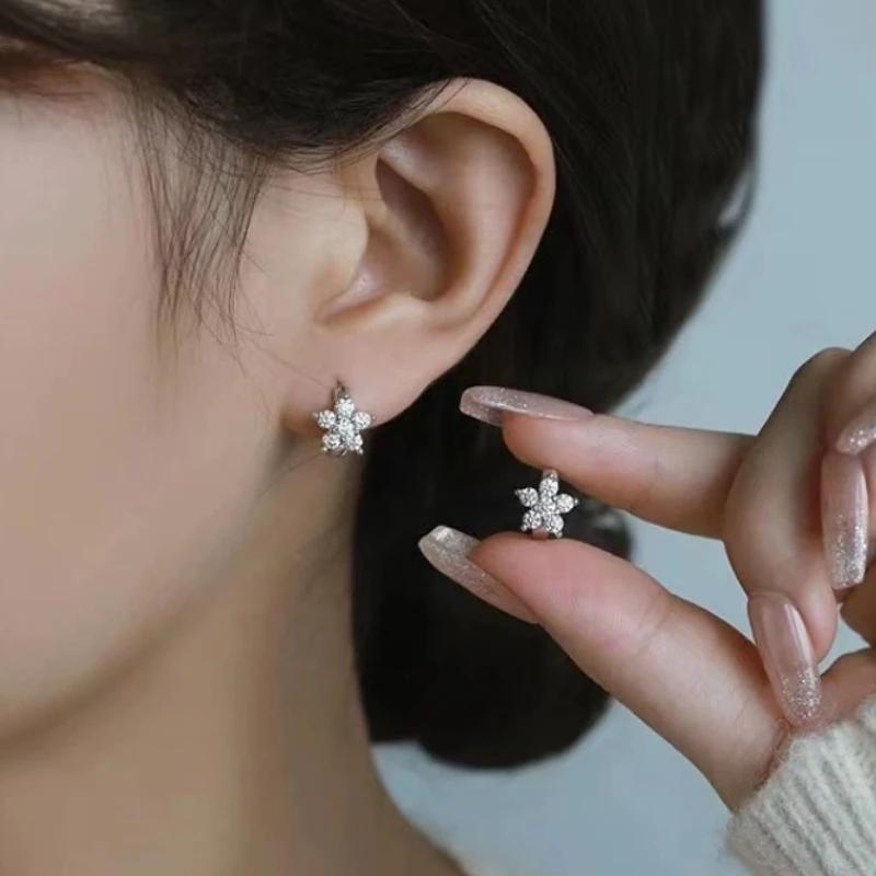 S925 Silver Charming Snowflake Pentagram Zircon Hoop Earrings for Women Fine Jewelry High Luxury Vintage Accessories