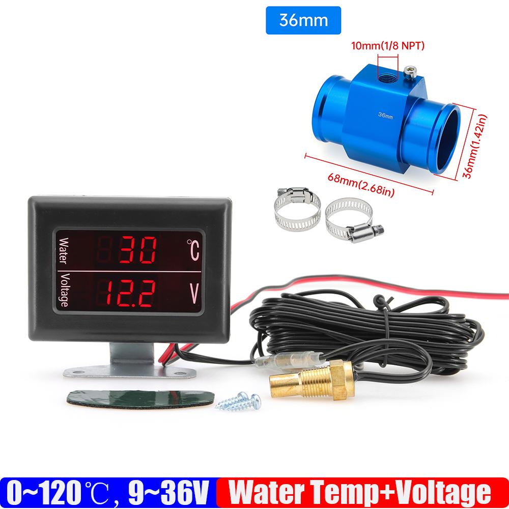 2 IN 1 Auto Car Digital 0~120℃ Water Temperature Gauge+Voltmeter 9-36V Water Temp Sensor Adapter 26MM-40MM for Auto Car Truck