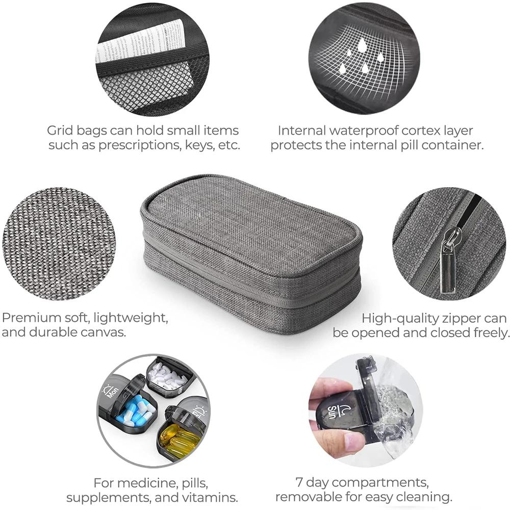 Pill Organizer 2 Times a Day Canvas Bag Pill Case Portable Weekly Large AM/PM Pill Box 7 Day Store Medication Vitamin Fish Oil