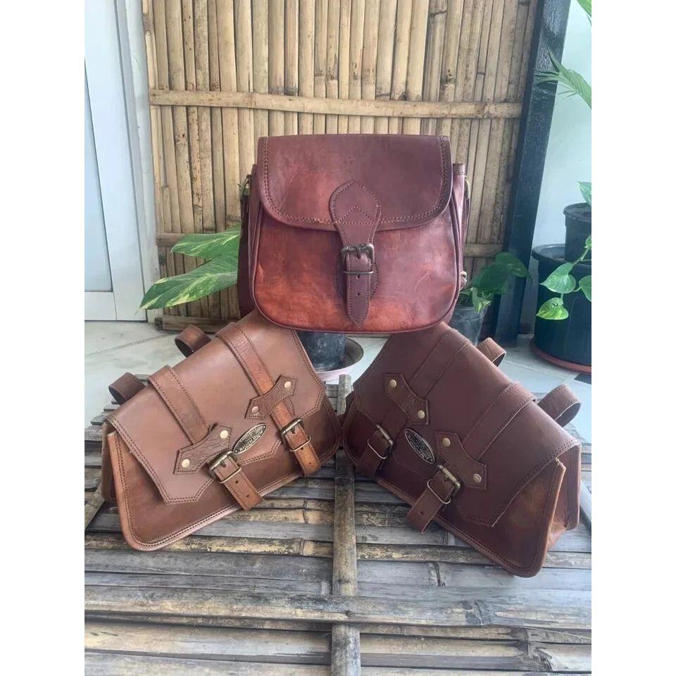 Motorcycle Saddle Leather Bags two Saddlebag Luggage Bag (Free Sling Brown Bag Size - 9 x 7 x 3 in )