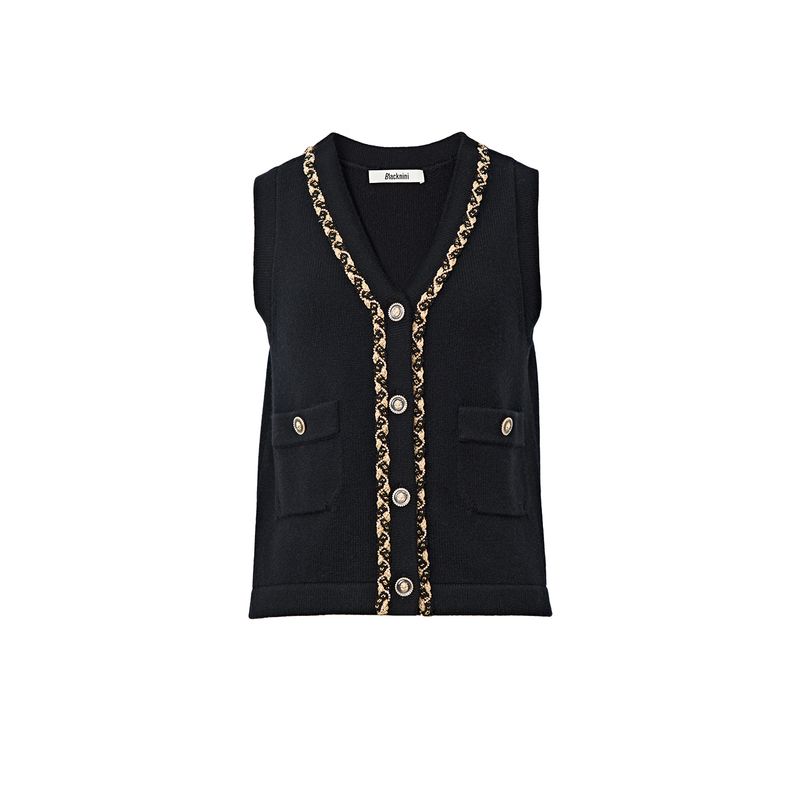 Blacknini Yin WAF/"Gatsby" Australian Mernu Wool Gold Silk Trim Knitting Vest Cardigan