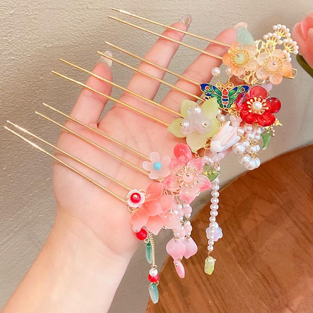 Ancient Style Peach Blossom Hairpin Vintage Pendant Hair Stick Sweet Antique Fringe Hairpin  Girls
