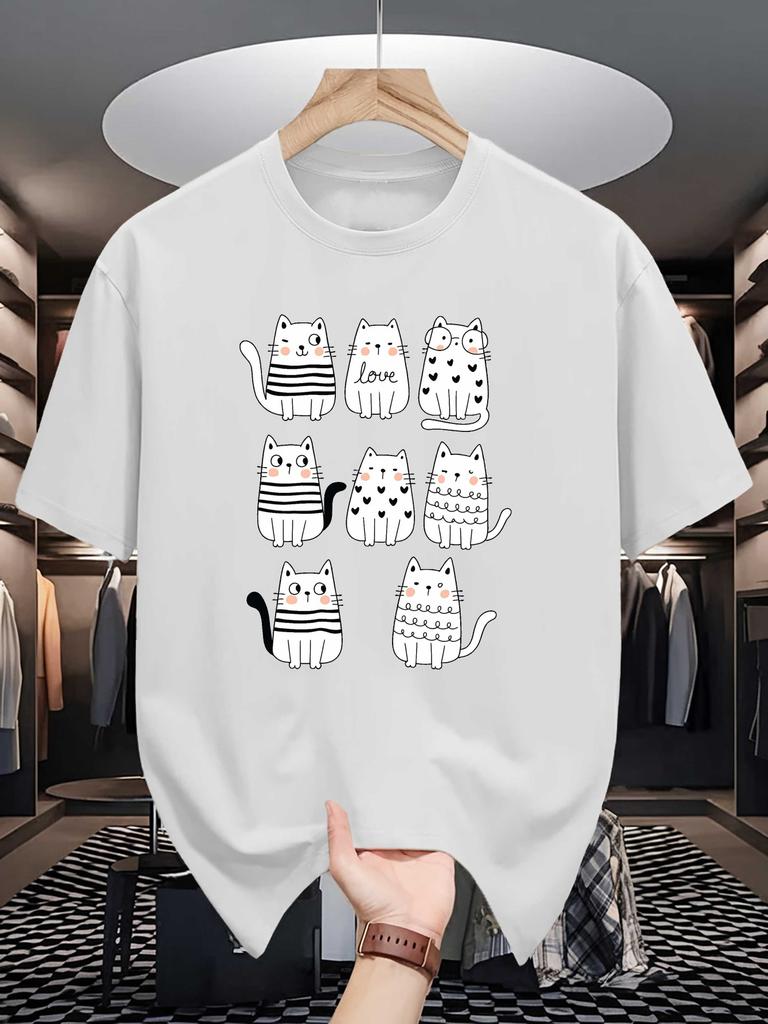 Unisex Crew Neck Tee Cute Doodle Cats Cartoon Art Graphic Print Soft Cotton Loose Short Sleeve Summer Casual Male Streetwear Tops