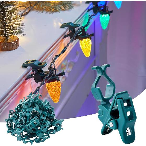 

C7 C9 Christmas Lights Universal Spring Clips, 100 Count Quick Spring Clips for Holiday Light Decorations, Shatterproof Shingle and Gutter Clips for 50 Pack зелений