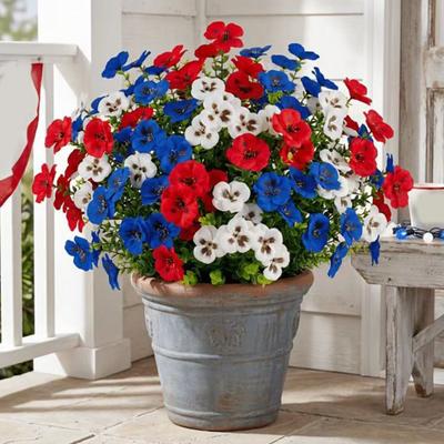 10 Pcs Artificial Fake Pansy Flowers for Outdoor Patriotic Red White Blue UV Resistant Faux Silk Flowers for 4th of July Front Door Porch Patio Window