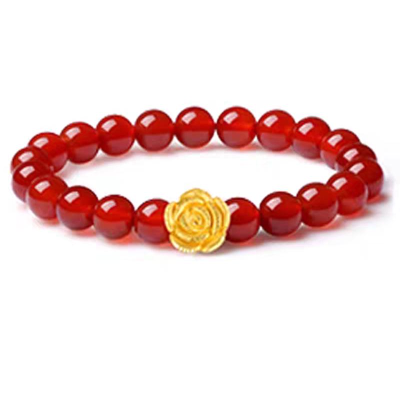 999 Gold Lotus & Rose Agate Bead Bracelet - Valentine s Day Gift 6mm Agate Bracelet
