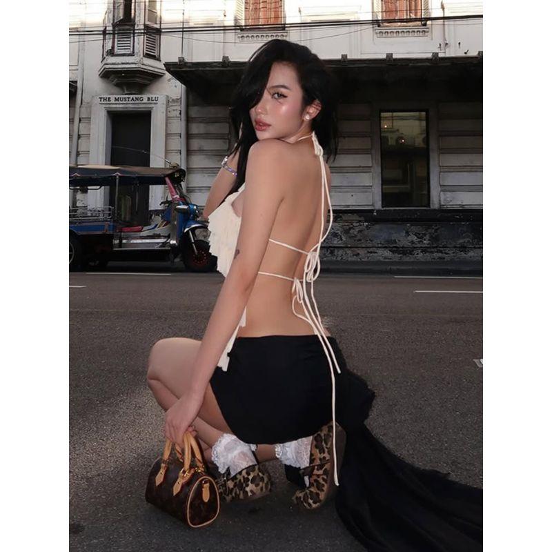 # Sisjuly# Cream Cake Sweet and Spicy Young Adult Layers Stacked Ruffles Open Back Halter Spaghetti Straps Tops Female