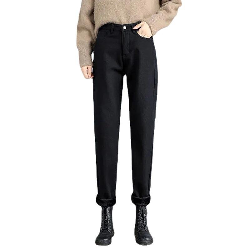 Straight Haren Jeans for Women Autumn and Winter with Thick Fleece and High Waist Loose Korean Version Jeans