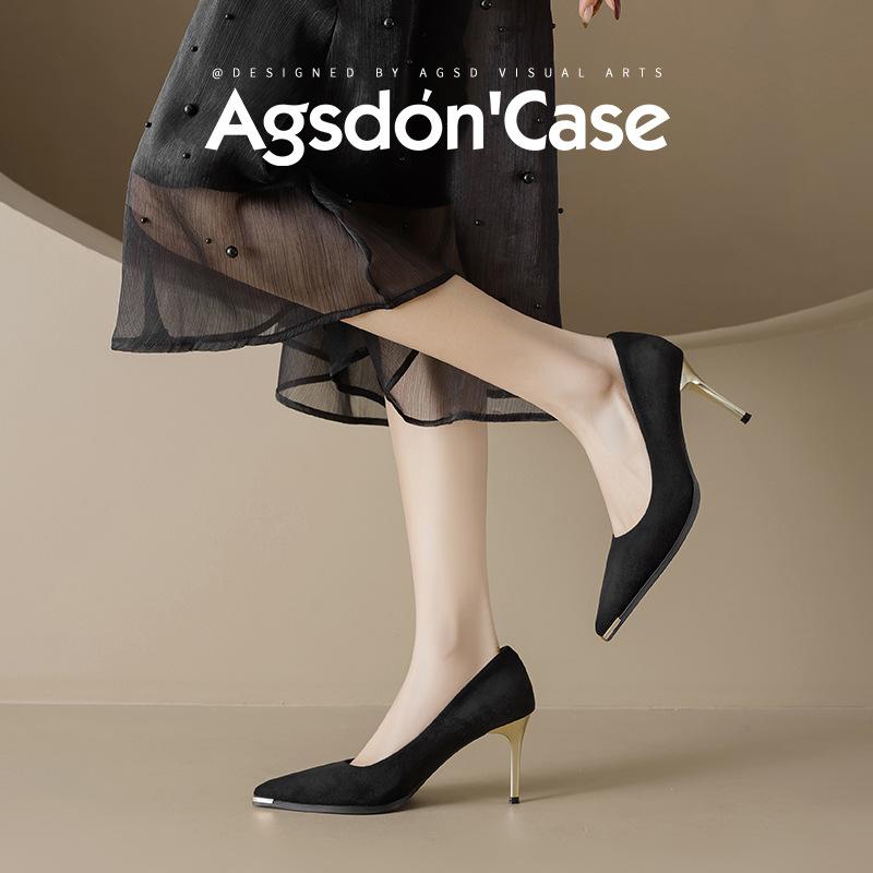 Augustine high heels new spring and summer French black suede thin heel pointed temperament light mouth single shoes