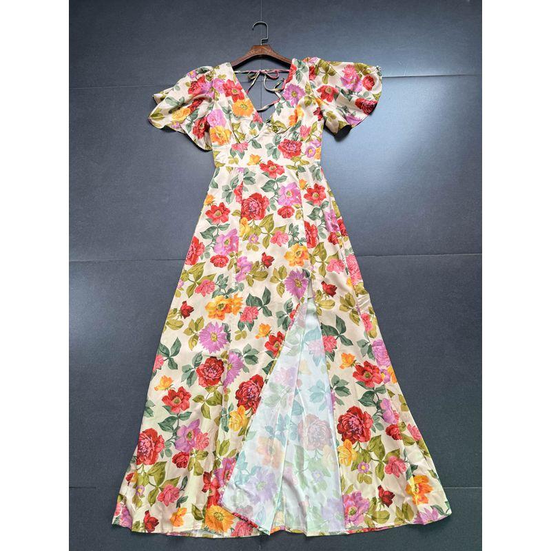 

Foreign Trade Order Dress F0rum Satin V-neck Frill High Waist Split Temperament Vacation Dress Long dress Red flowers M