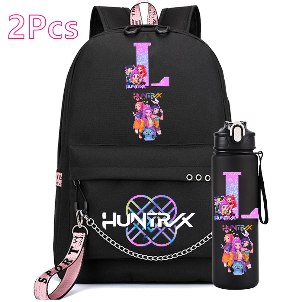 2 st/set Anime Engelsk Bokstav A-Z Tryckt Ryggsäck 750ml Vattenflaska för Student Flicka Pojke Bokväska Resväska Barnpresent