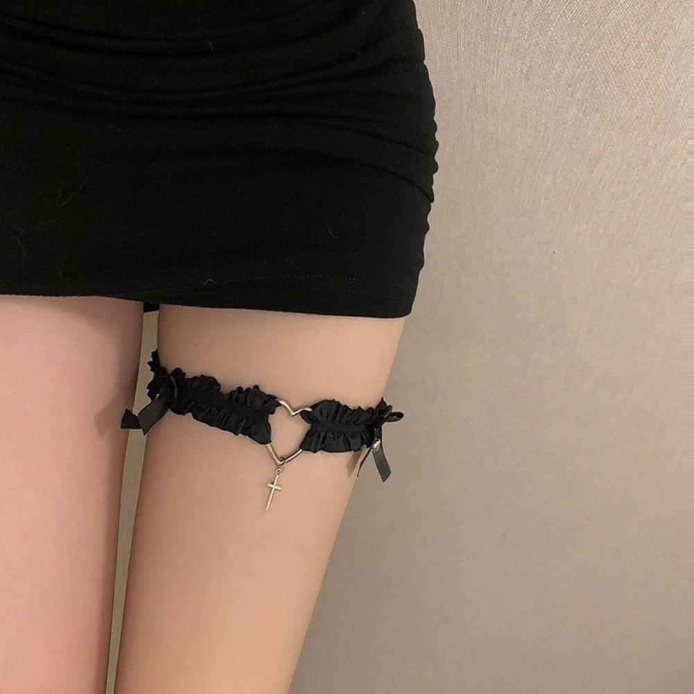 Gothic Lace Bells Garter Belt Heart Bowknot Cross Lolita Rings Leg Garters Cosplay Collar Sexy E5B1