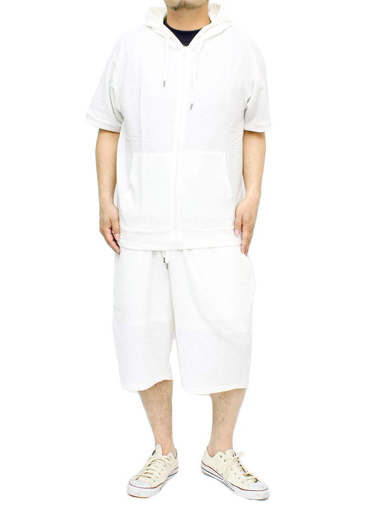 One Colors Men's Plus Size Seersucker Zip-Up Hoodie and Shorts Set, White (5L)