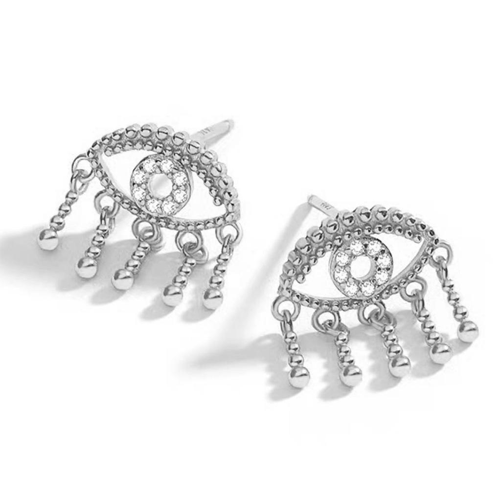 S925 Sterlingsilber Zirkon Teufelsauge Ohrstecker mit runder Perlenquaste - Europäischer & Amerikanischer High-End-Stil.