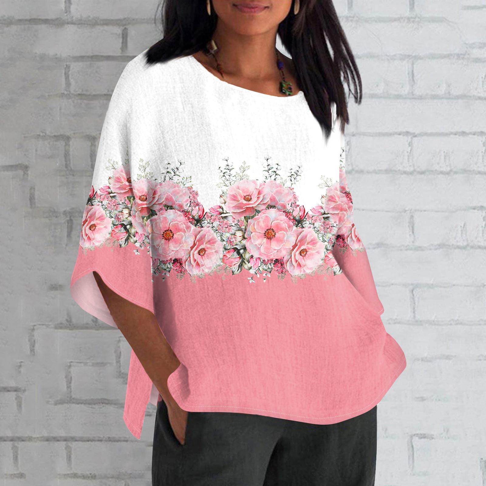 

Женская мода с рукавом семь четвертей и круглым вырезом с принтом, свободные повседневные рубашки-топы XXXXL розовый