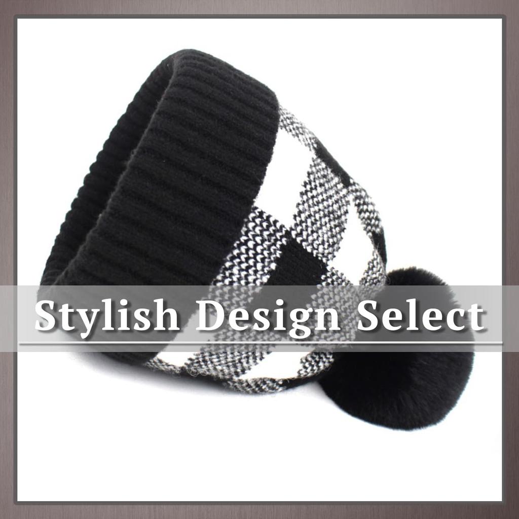 Knitted Check Pattern Hat with CP868 [One Limitation] Pom-Pom, Acrylic, Casual, Women's (Red)