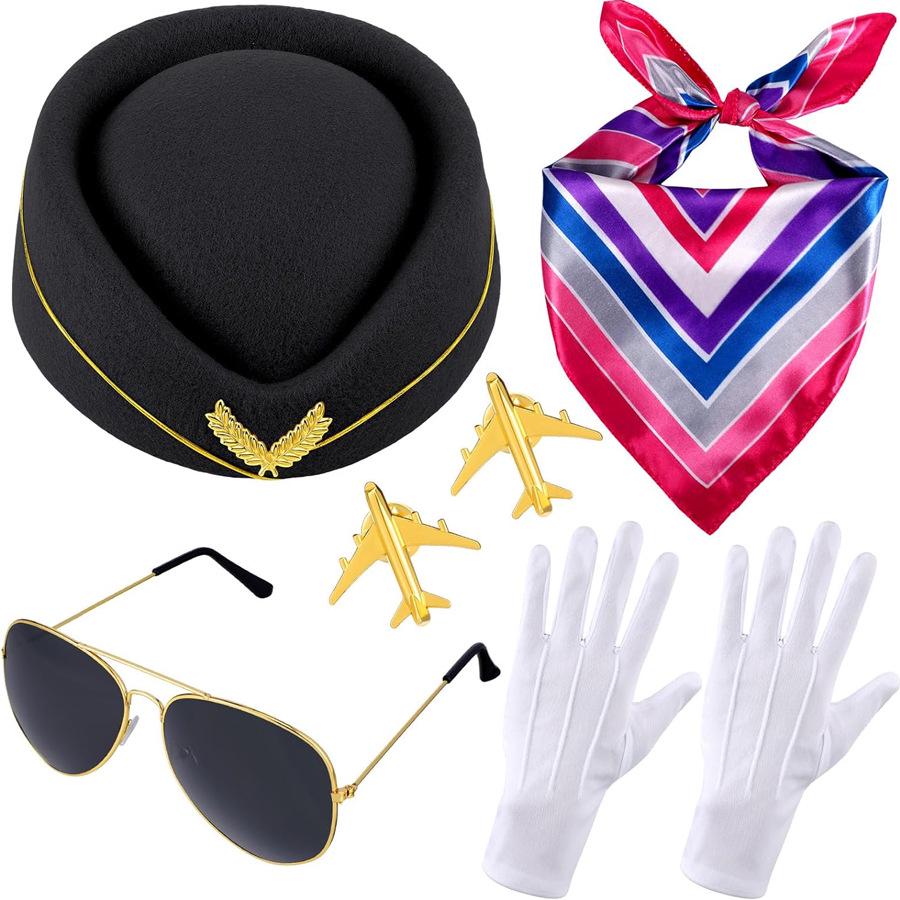 Cosplay Kostüm: Halloween Flugbegleiterin mit Brille, Hut, Handschuhen und Schal