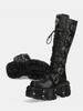 Fashion Belt Buckle Motorcycle Boots Knee High Rock Punk Round Toe Thick Bottom Leather Solid Color Fashion Sexy Women Shoes New